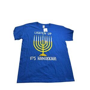 Hanukkah Menorah Lighten Up Mens T-Shirt Gildan Size L Blue Heavy Cotton New